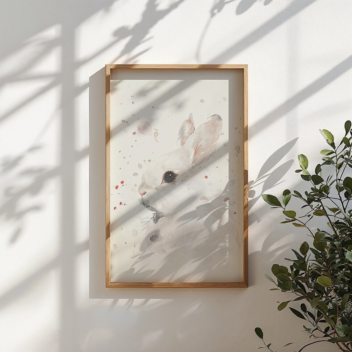 Delicate White Bunny Watercolor Minimalist Splatter Nursery Poster - Image 4
