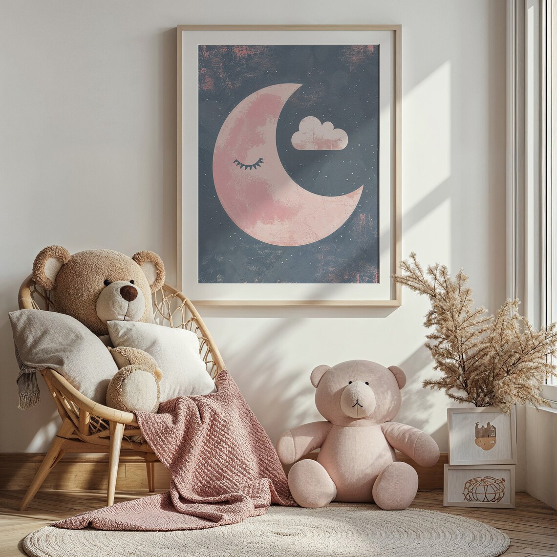 Sleepy Pink Crescent Moon And Cloud On Navy Night Sky Nursery Poster - Image 3