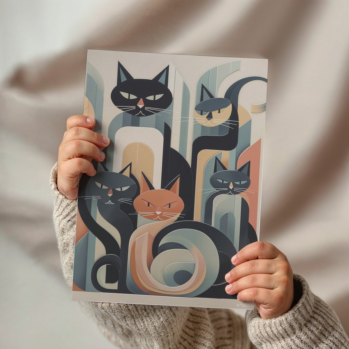 Modern Art Deco Cats Geometric Black And Peach Elegant Art Print - Image 2