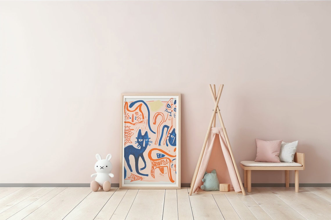 Abstract Doodle Cats In Orange And Blue Playful Minimalist Art Print - Image 3