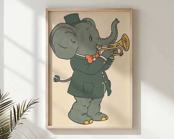 Elephant Trumpet Player Vintage Style Nursery Kids Music Room Art Poster