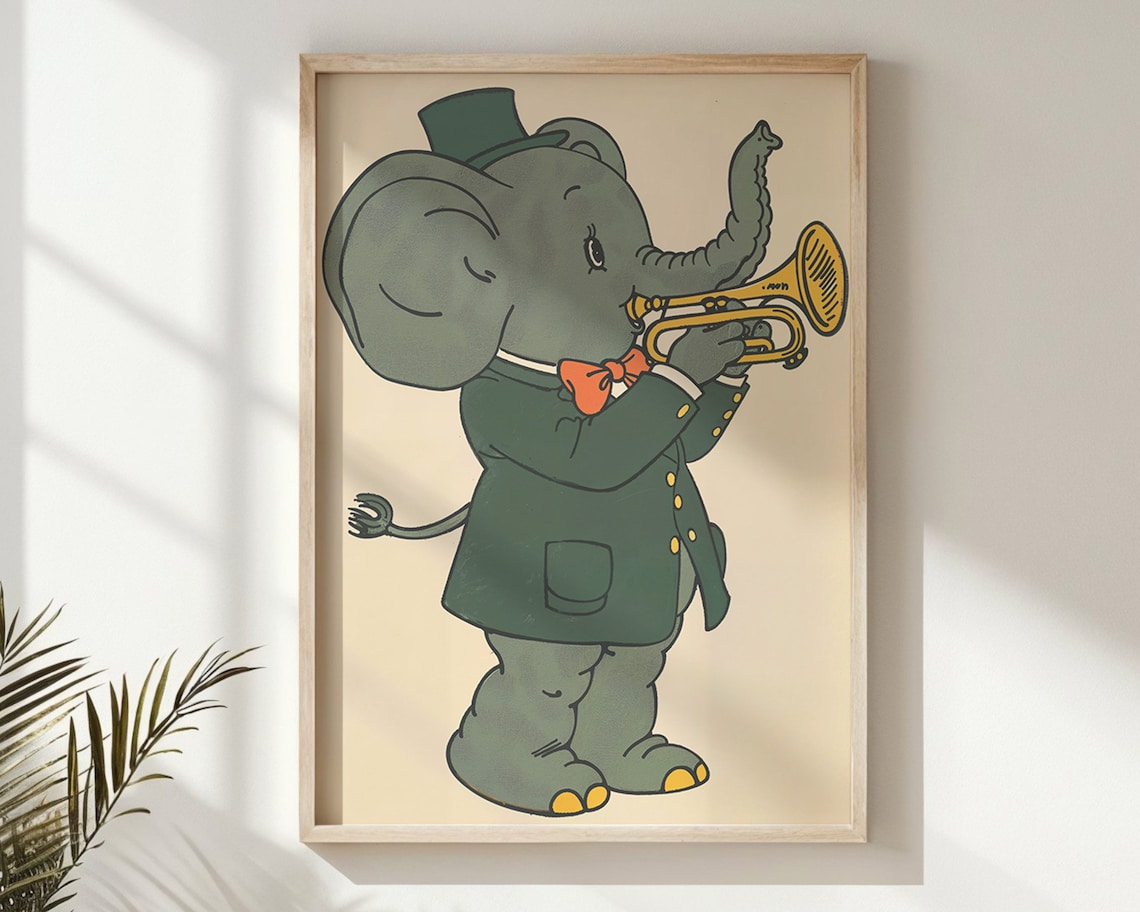 Elephant Trumpet Player Vintage Style Nursery Kids Music Room Art Poster
