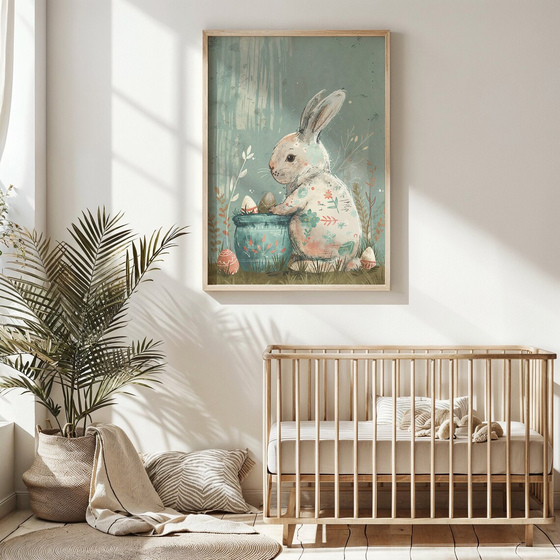 Easter Bunny Art Print, Nursery Spring Rabbit With Eggs - Image 4
