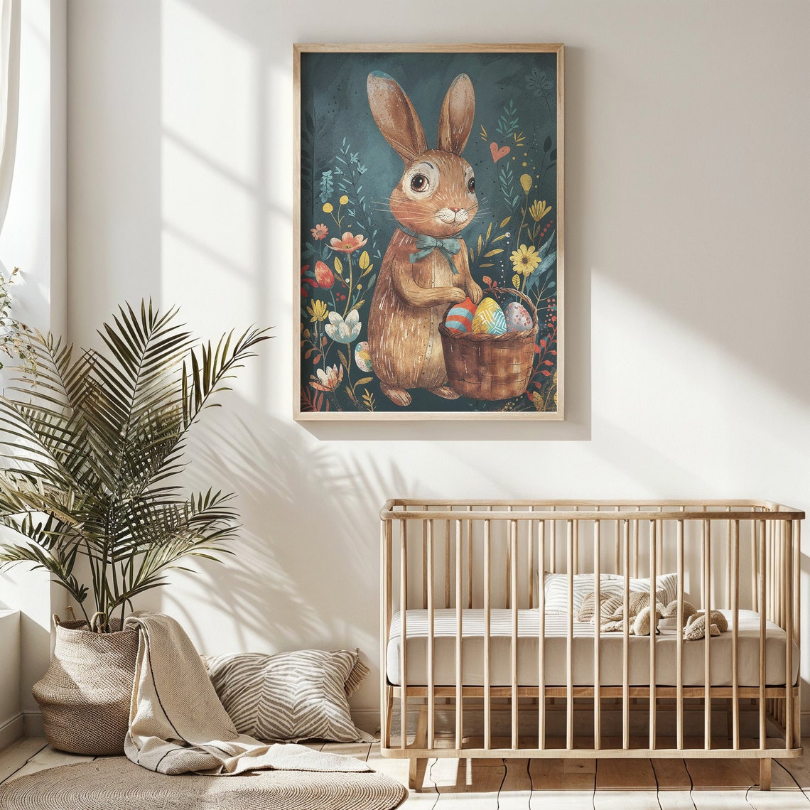 Brown Bunny Bow Tie Egg Basket Vintage Floral Easter Kids Poster - Image 4