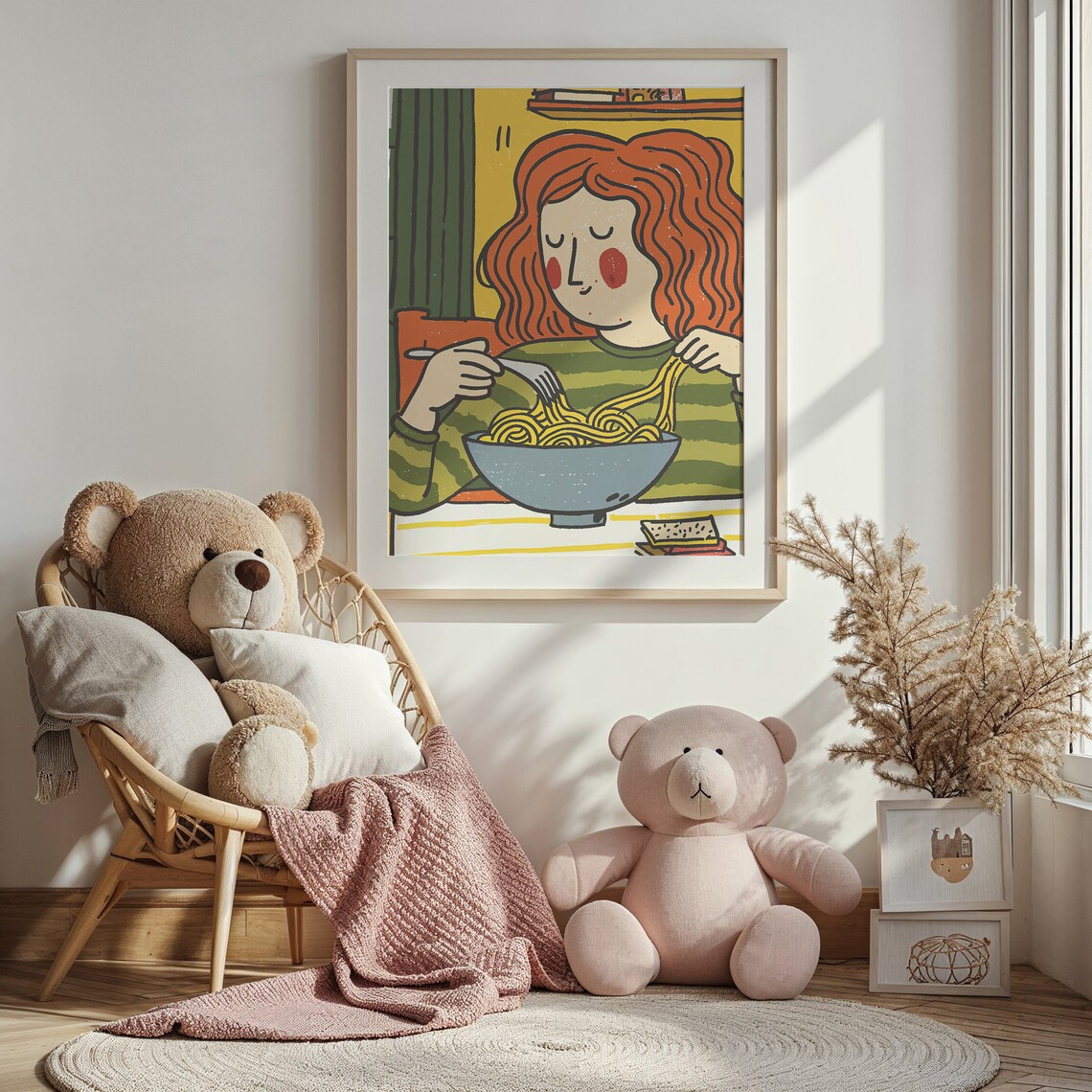 Cozy Girl Eating Noodles Book Lover Cartoon Kitchen Decor Wall Poster - Image 3