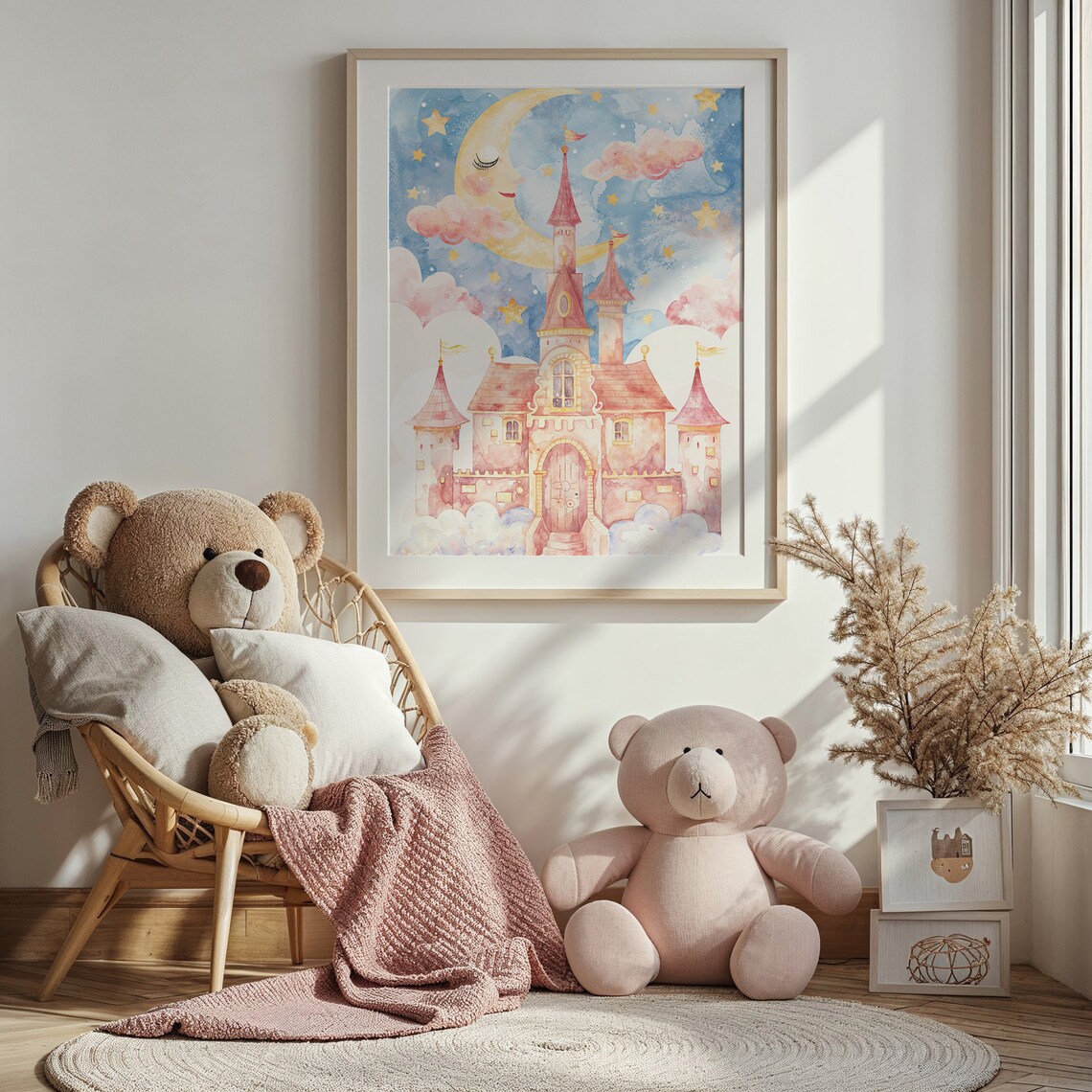 Pink Fairytale Castle Sleeping Moon Watercolor Nursery Wall Poster - Image 3
