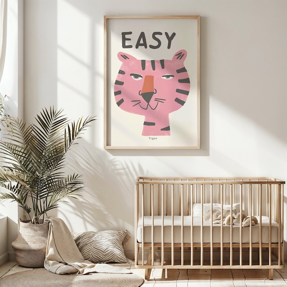 Pink Easy Tiger Face Striped Kids Nursery Animal Print Wall Poster
