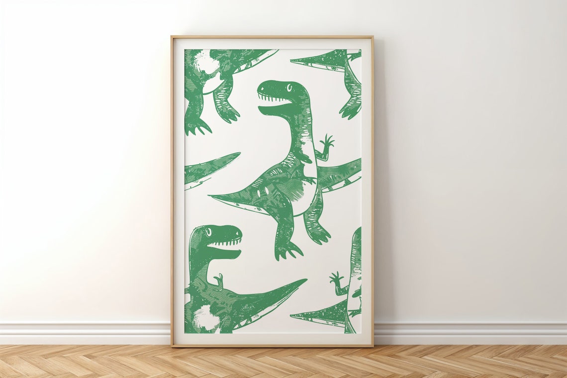 Bright Green Raptor Linocut Pattern White Nursery Kids Room Art Poster - Image 5