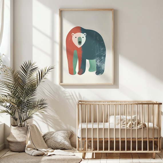 Modern Polar Bear Rust Red And Teal Minimalist Kids Wall Art Poster
