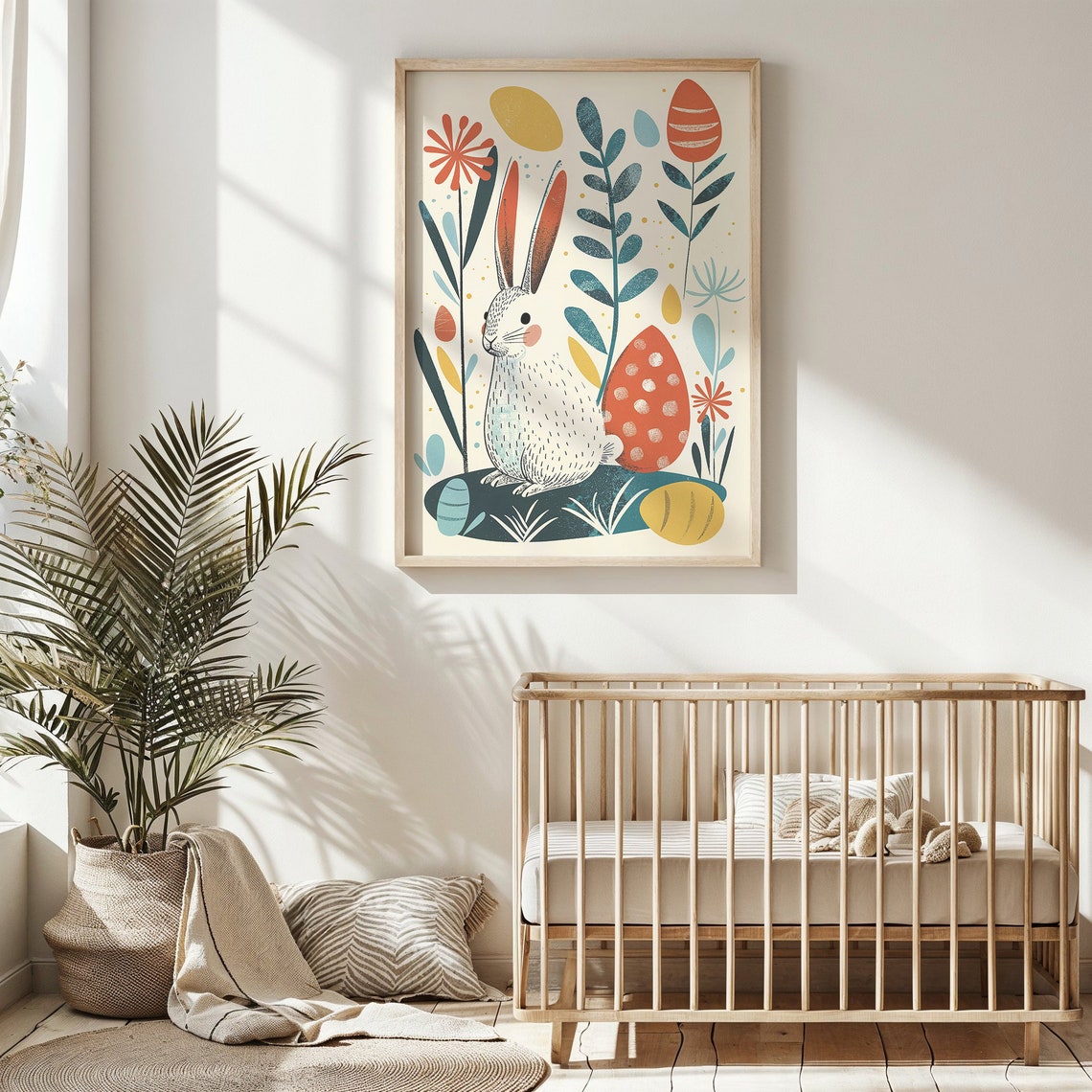 White Bunny Patterned Easter Eggs Modern Botanical Kids Room Poster - Image 4