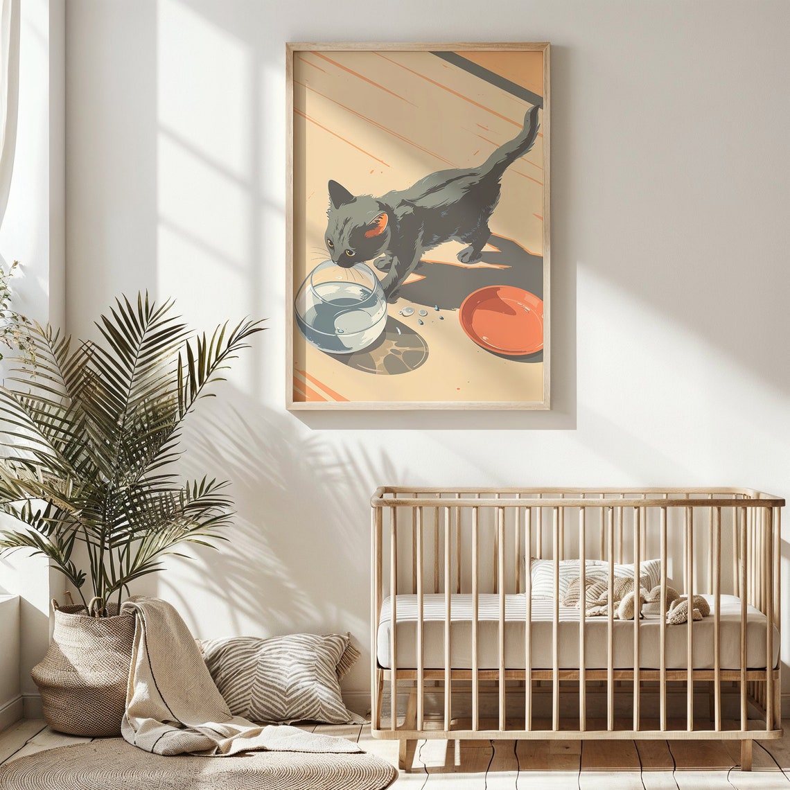 Grey Kitten Drinking Water Glass Orange Dish Sunbeam Nursery Poster