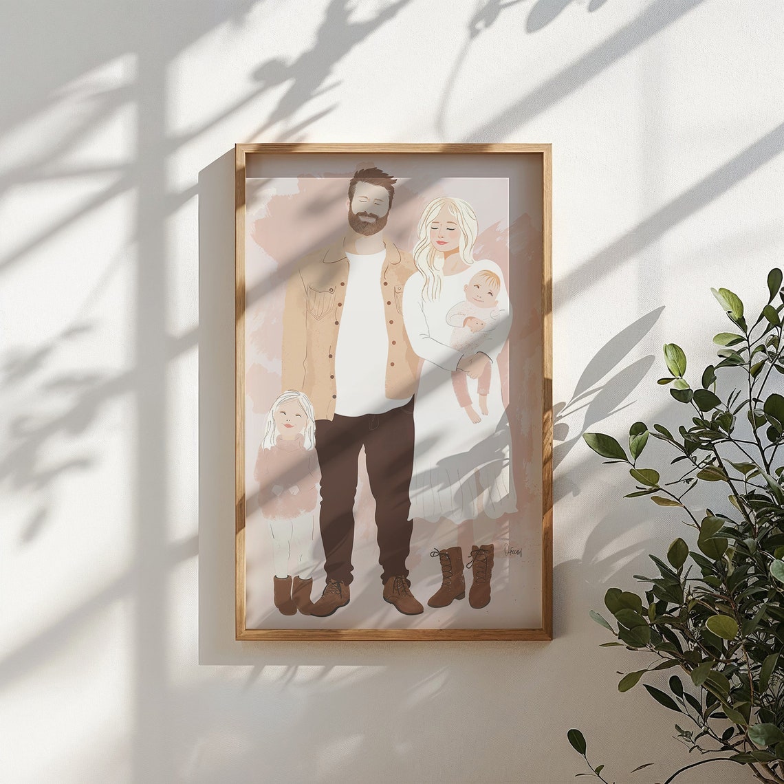 Family Of Four Watercolor Portrait Blush Neutral Custom Wall Art - Image 5
