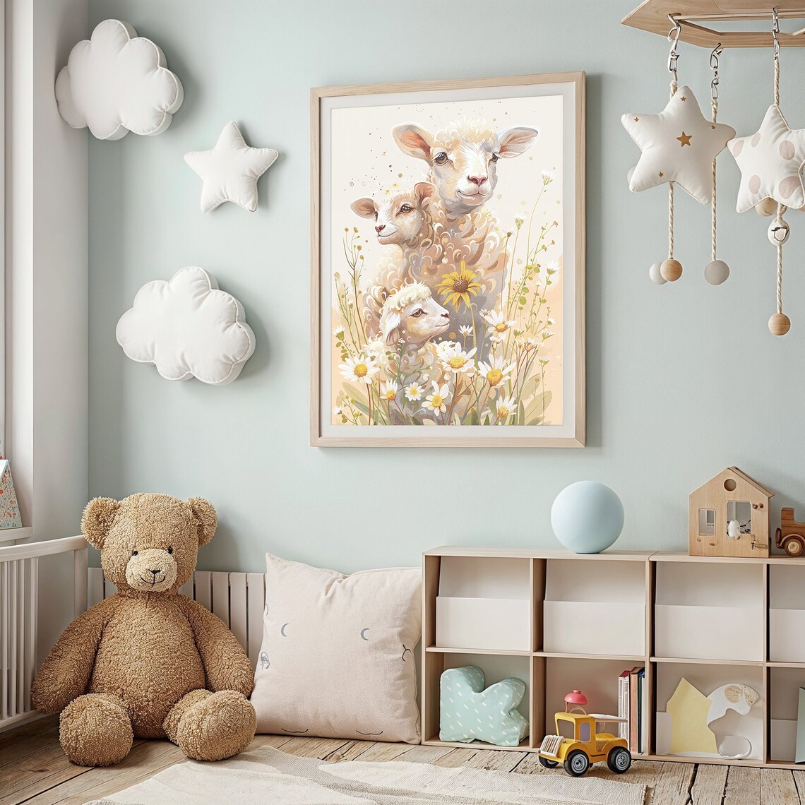 Mother Sheep And Two Lambs Daisy Meadow Watercolor Nursery Poster - Image 2