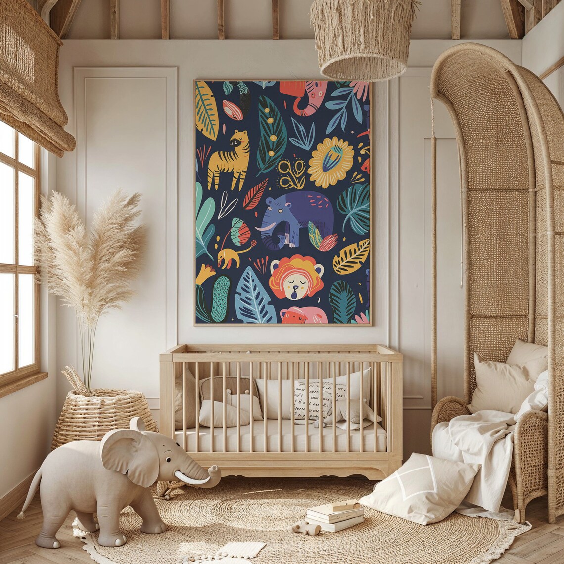 Colorful Jungle Safari Animals Pattern Dark Navy Nursery Wall Art Print - Image 2