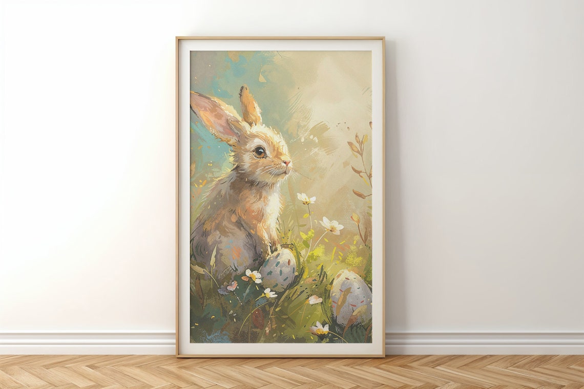 Light Brown Bunny Meadow Glow Painted Eggs Pastel Easter Poster - Image 6