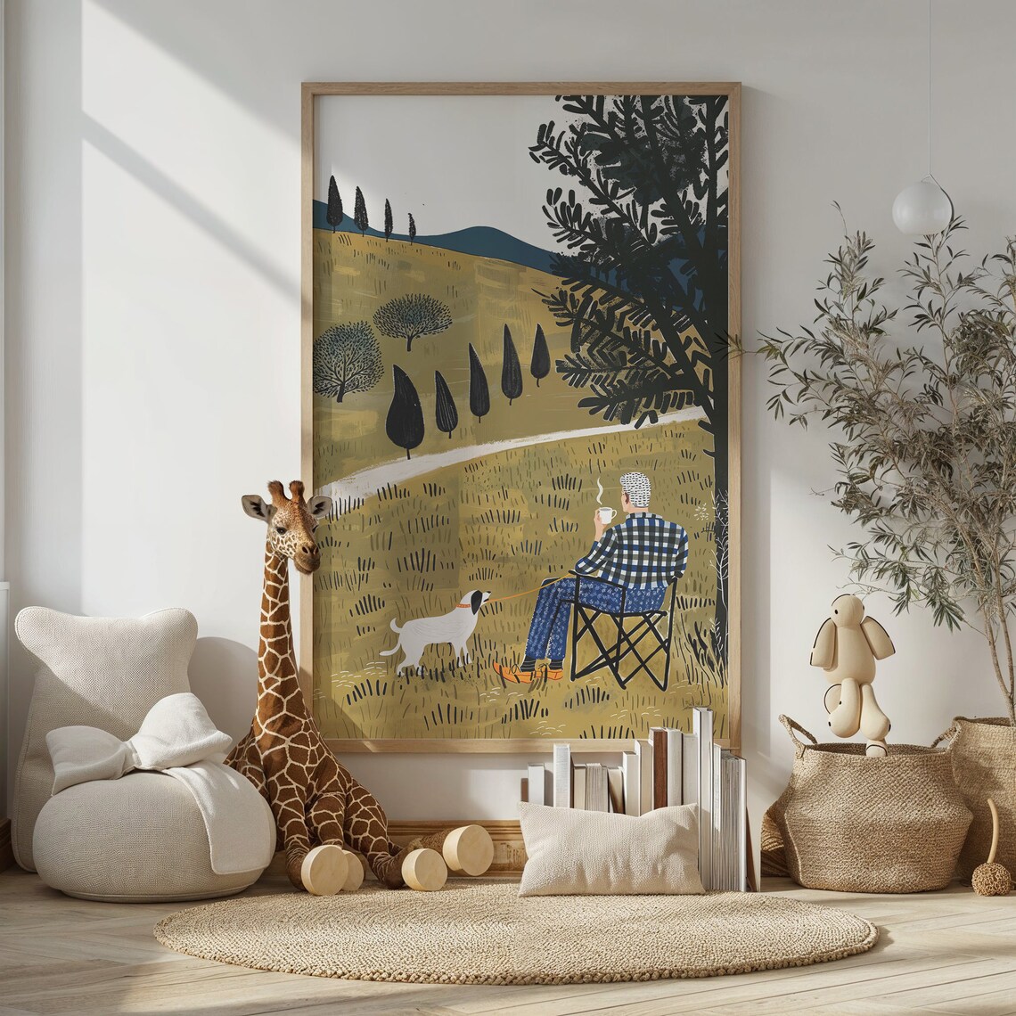 Elderly Man Coffee Dog Golden Field Cypress Trees Calm Wall Poster - Image 2