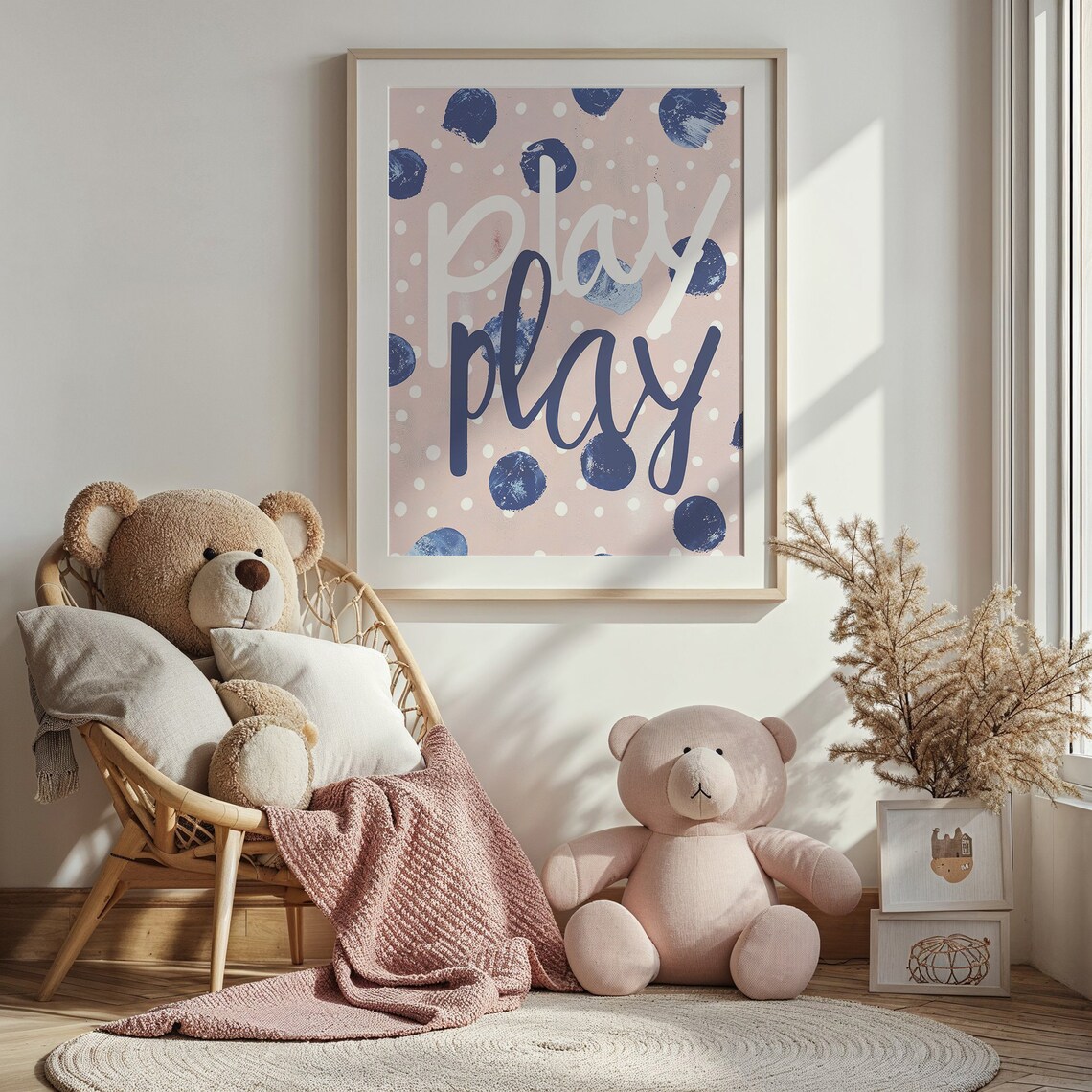 Play Play Pink Navy Polka Dot Typography Kids Room Nursery Poster - Image 4