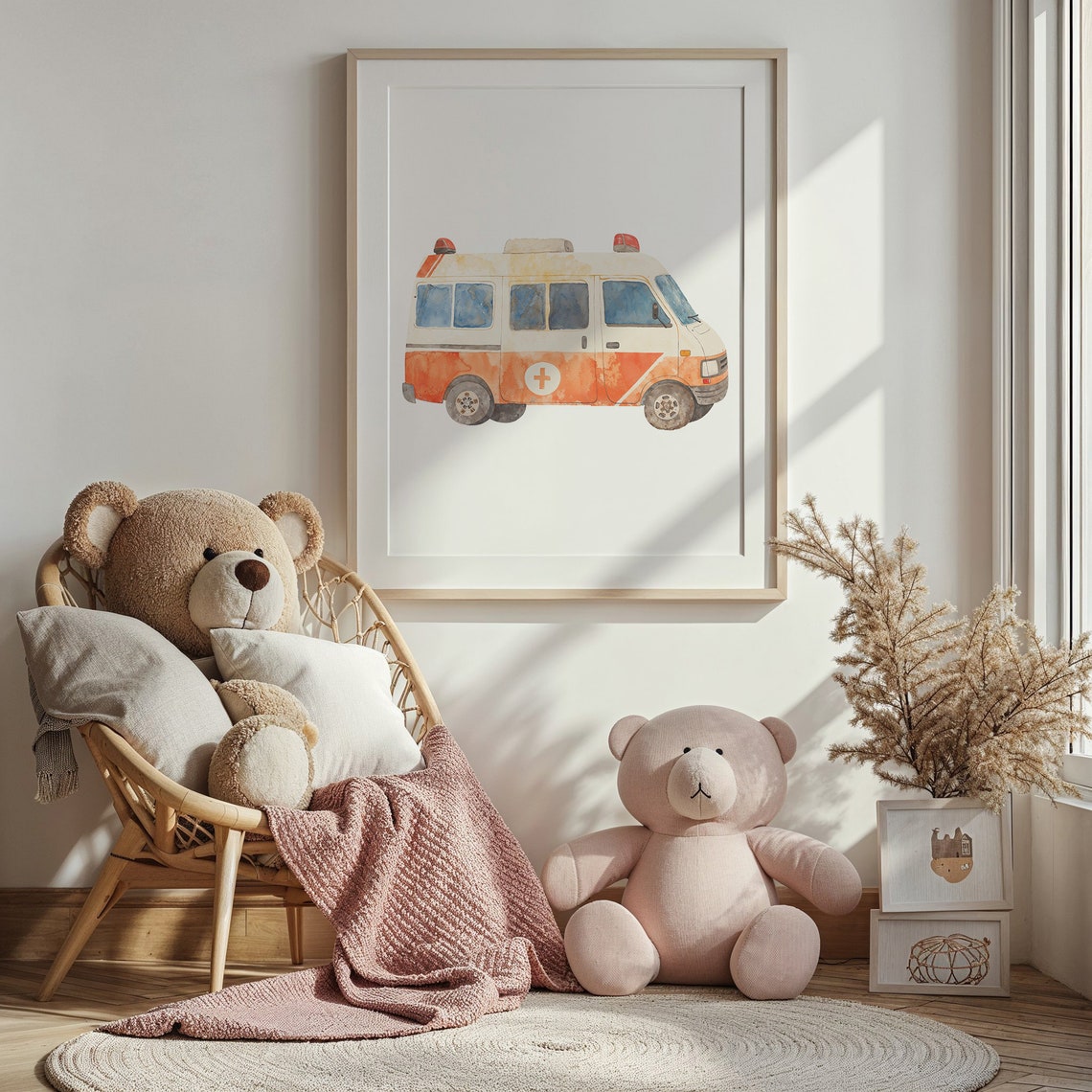 Red White Watercolor Ambulance Van Red Cross Kids Room Wall Poster - Image 3