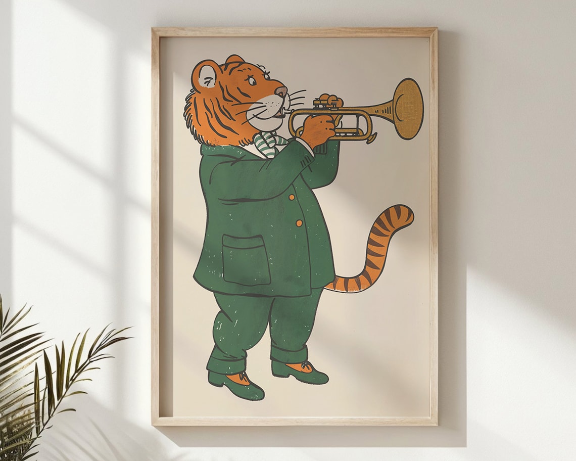 Tiger Playing Gold Trumpet Green Suit Scarf Kids Music Wall Poster