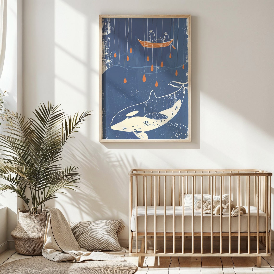 White Whale Fishermen Puppet Strings Blue Orange Nautical Art Poster