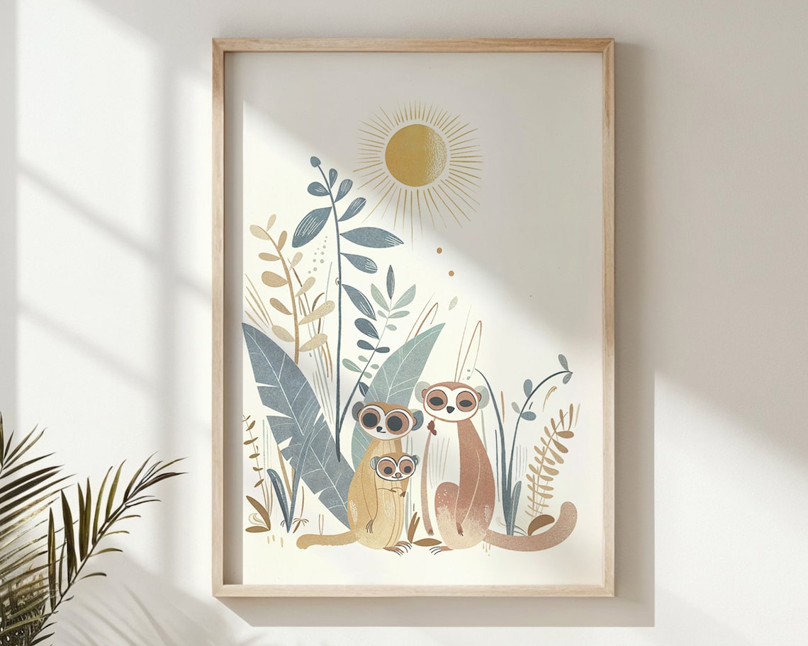 Meerkat Family Sun Nursery Poster Jungle Foliage Cute Kids Room Art