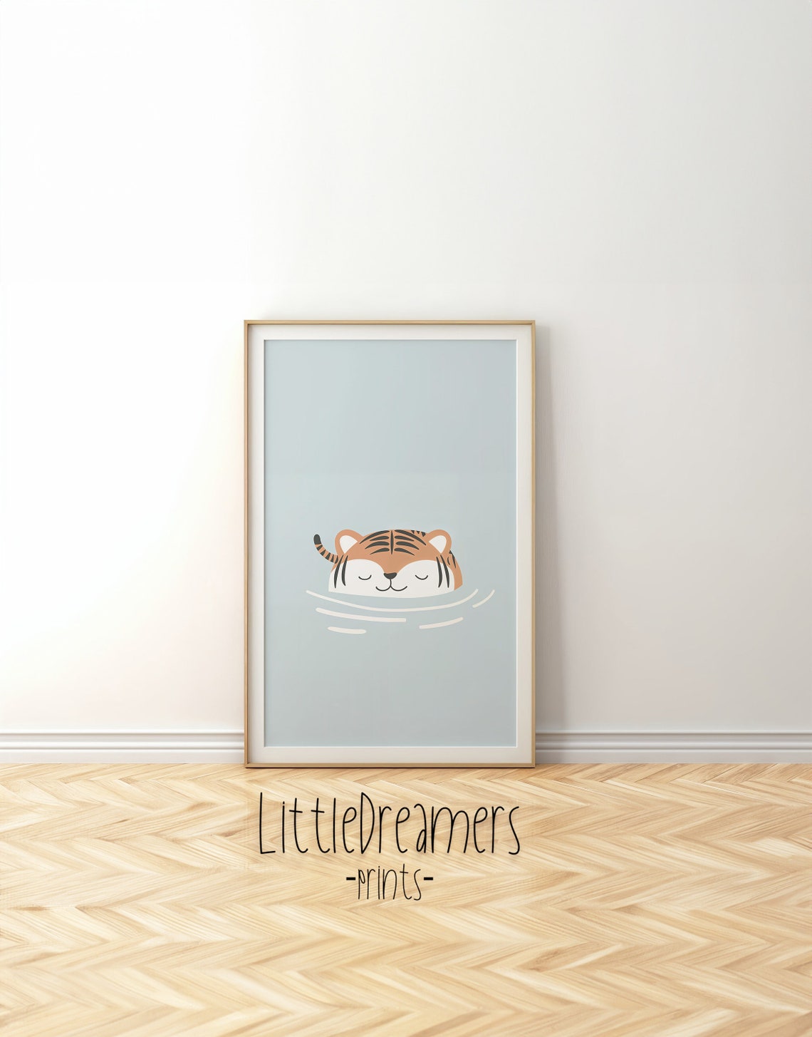 Sleepy Tiger Cub Bath Time Calm Blue Minimalist Nursery Wall Poster - Image 5