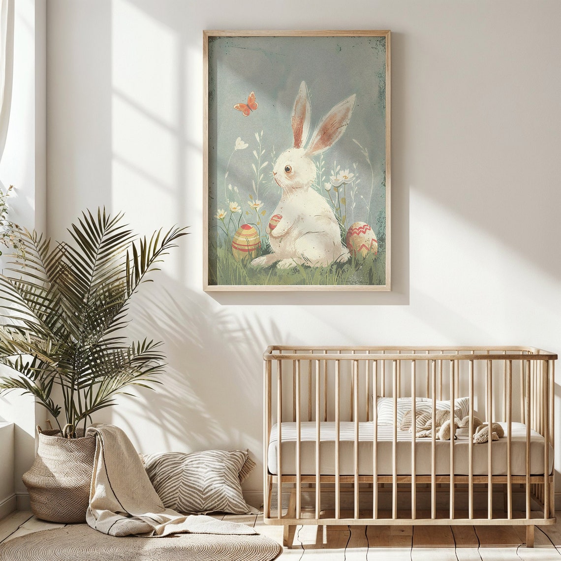 White Bunny Meadow Daisies Patterned Eggs Vintage Spring Poster - Image 5