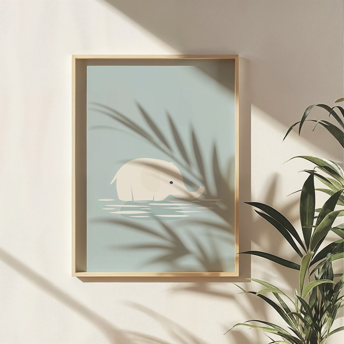 Baby Elephant Bath Time Calm Blue Water Minimalist Nursery Poster - Image 3