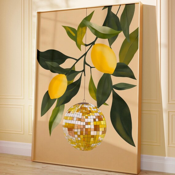 Lemon Branch Gold Disco Ball Funky Citrus Retro Kitchen Poster