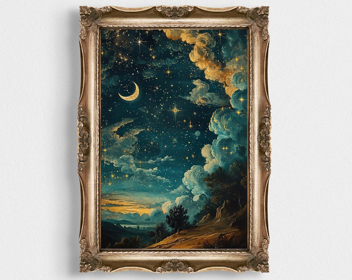 Crescent Moon Over Golden Clouds Vintage Celestial Night Poster