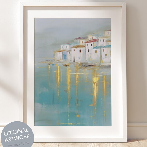 Whitewashed Coastal Town on Turquoise Water in Dreamy Blue Tones Poster