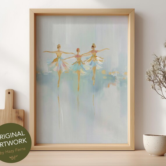 Ballerinas Dancing Art Print Oil Pastel Blue Gold Ballet Scene
