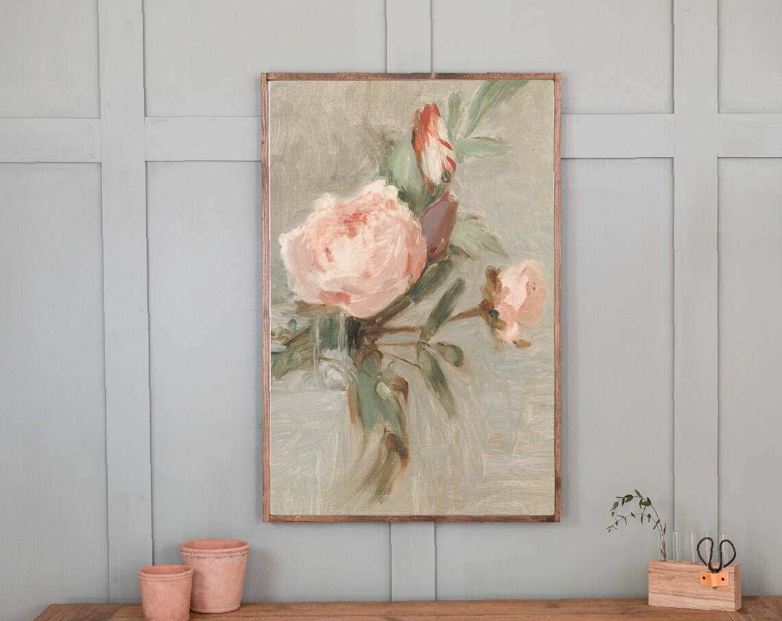 Vintage Pink Rose Blossom Botanical Oil Painting Floral Poster