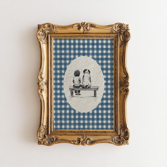 Boy And English Bulldog Bench Sketch Blue Gingham Nursery Print