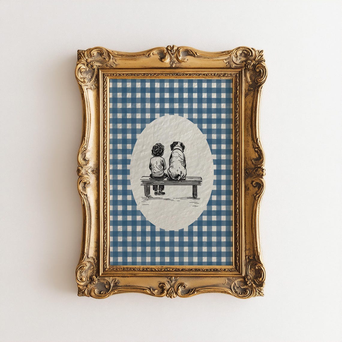 Boy And English Bulldog Bench Sketch Blue Gingham Nursery Print