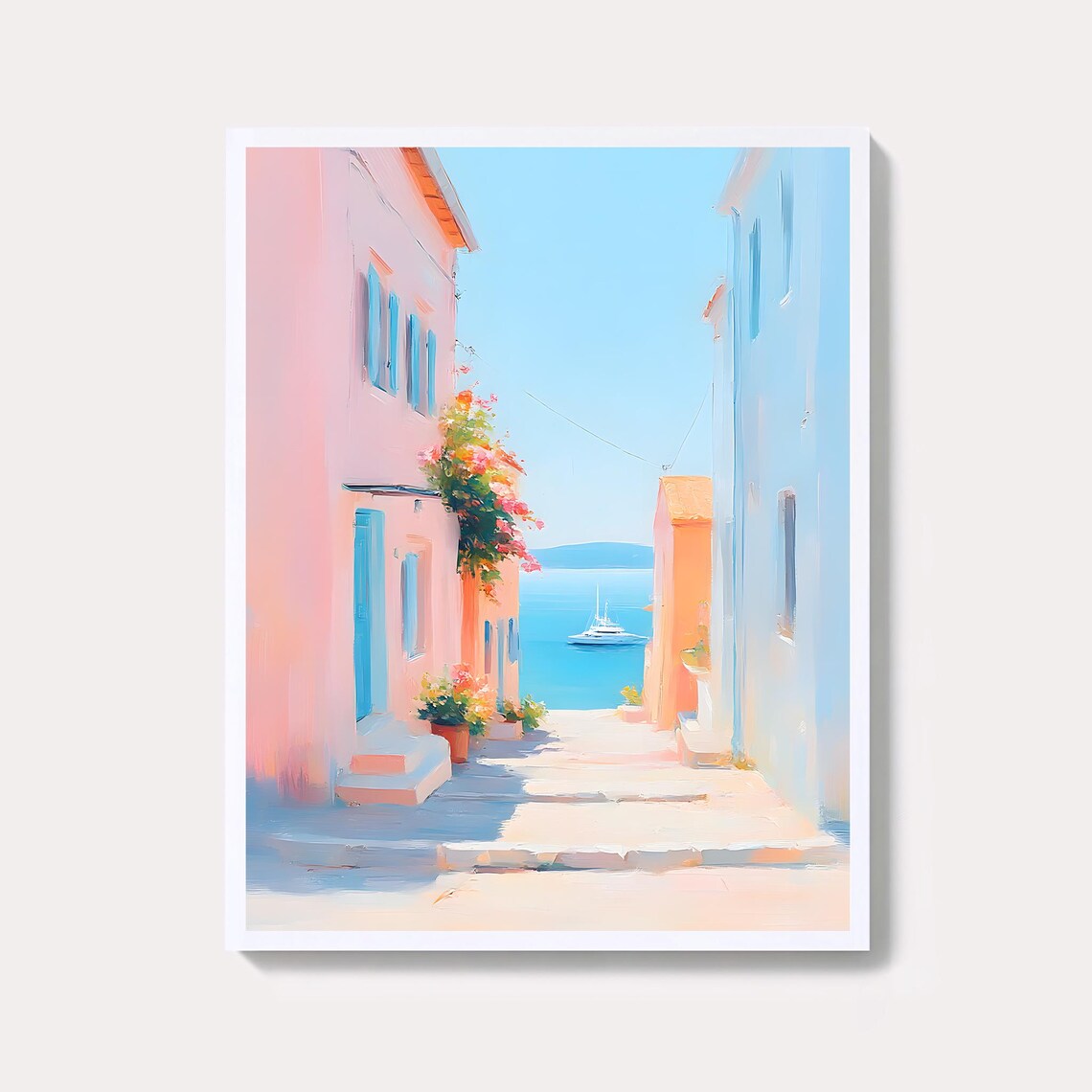 Pastel Coastal Alley Between Pink Houses To Blue Sea Yacht View Poster