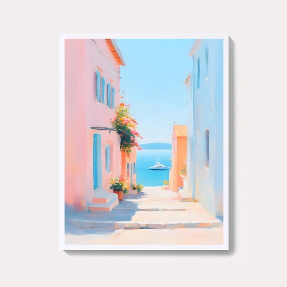 Pastel Coastal Alley Between Pink Houses To Blue Sea Yacht View Poster