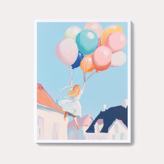 Girl Floating with Pastel Balloons Over Rooftops Dreamy Childhood Poster