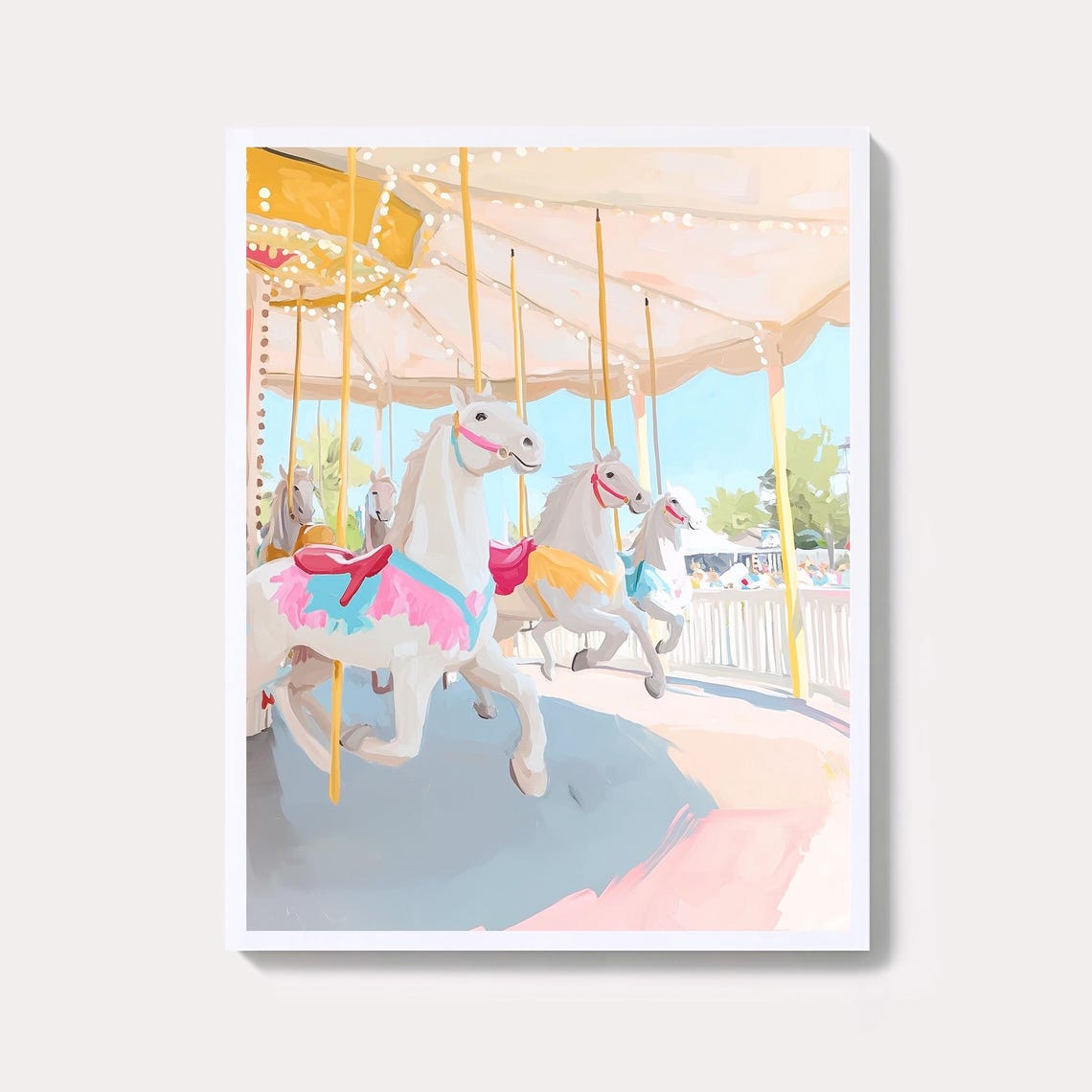 Pastel Carousel Horses Merry Go Round Painting Vintage Carnival Poster