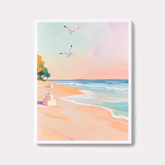 Pastel Beach Sunset With Seagulls And Sandcastles Coastal Art Poster