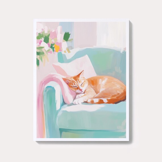 Sleeping Orange Kitten Curled Up On Mint Armchair Pastel Cat Poster