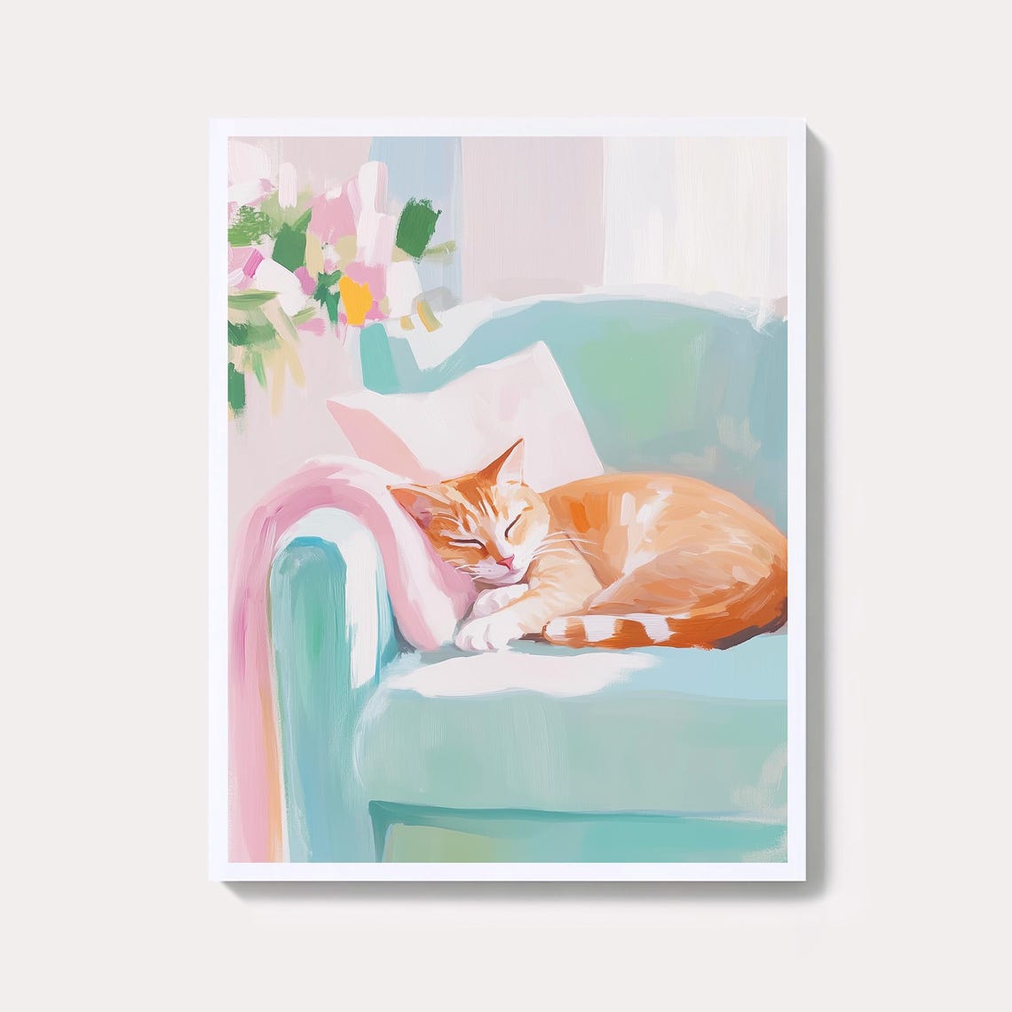 Sleeping Orange Kitten Curled Up On Mint Armchair Pastel Cat Poster
