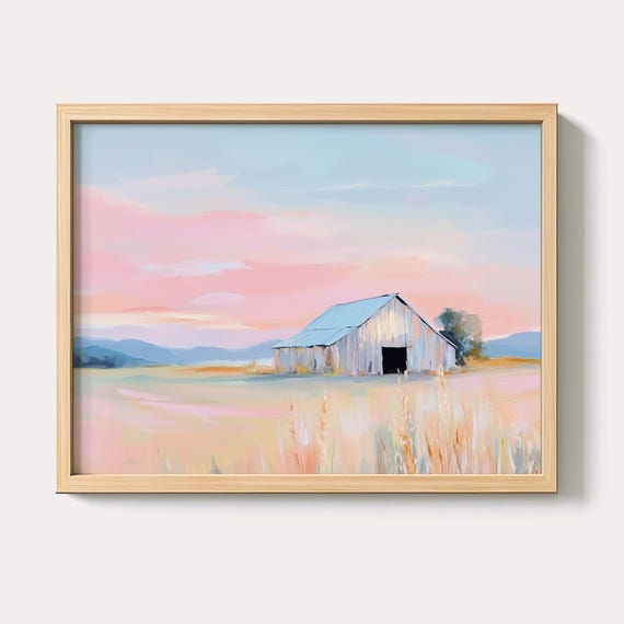 Pastel Barn Sunset Print Modern Country Landscape Various Sizes