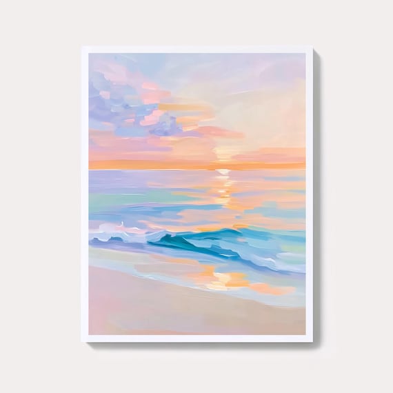 Pastel Sunset Over the Ocean Waves Coastal Beach Painting Poster