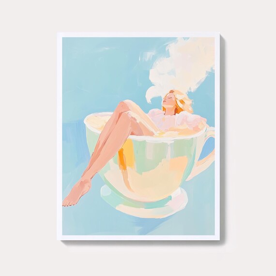 Woman Relaxing in Giant Latte Cup Whimsical Pastel Art Print
