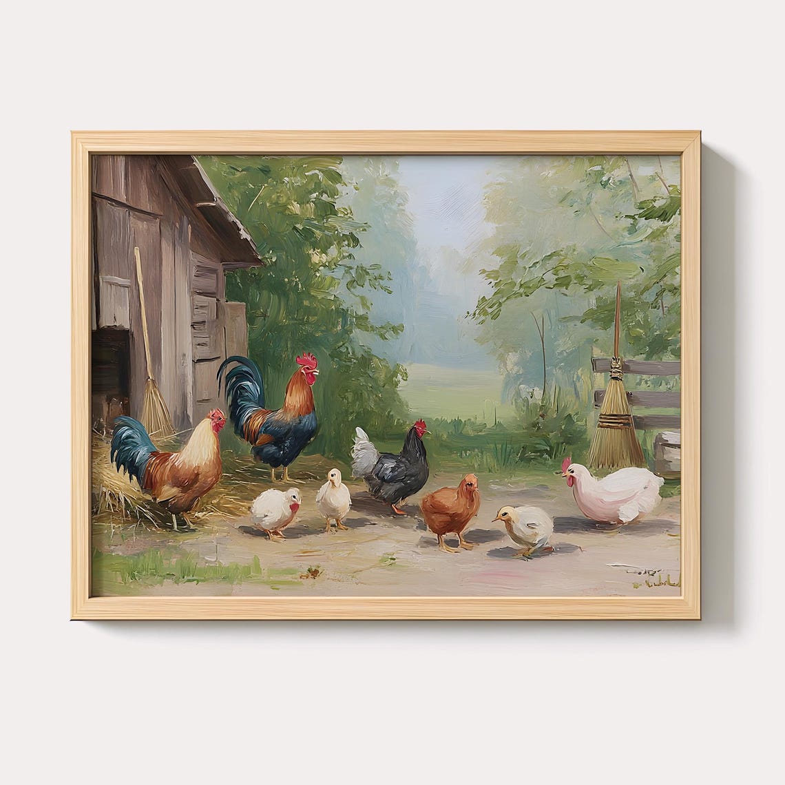 Rustic Farmyard Chickens With Roosters and Chicks Vintage Poster
