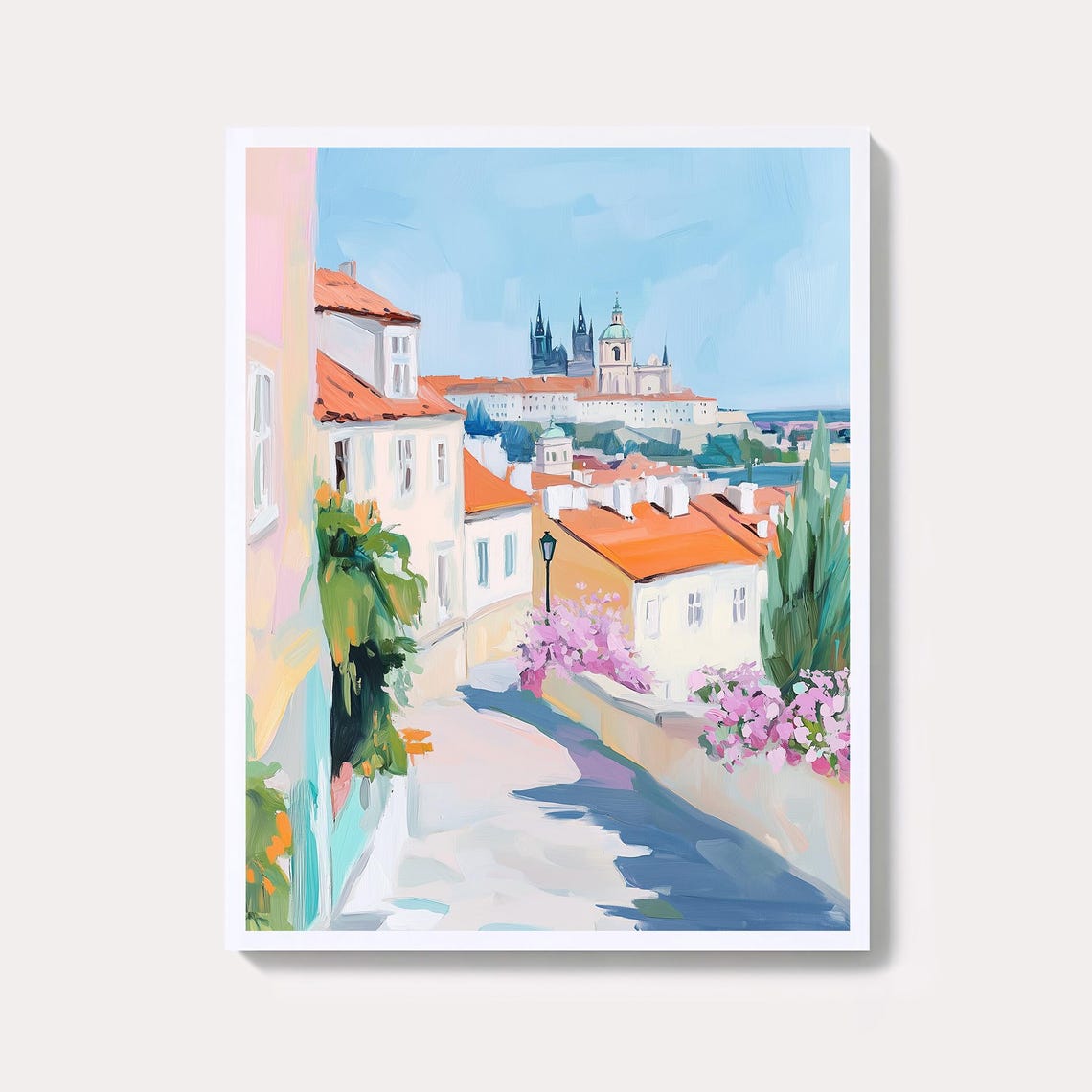 Prague Street View With Castle Pastel Watercolor Czech Travel Wall Art