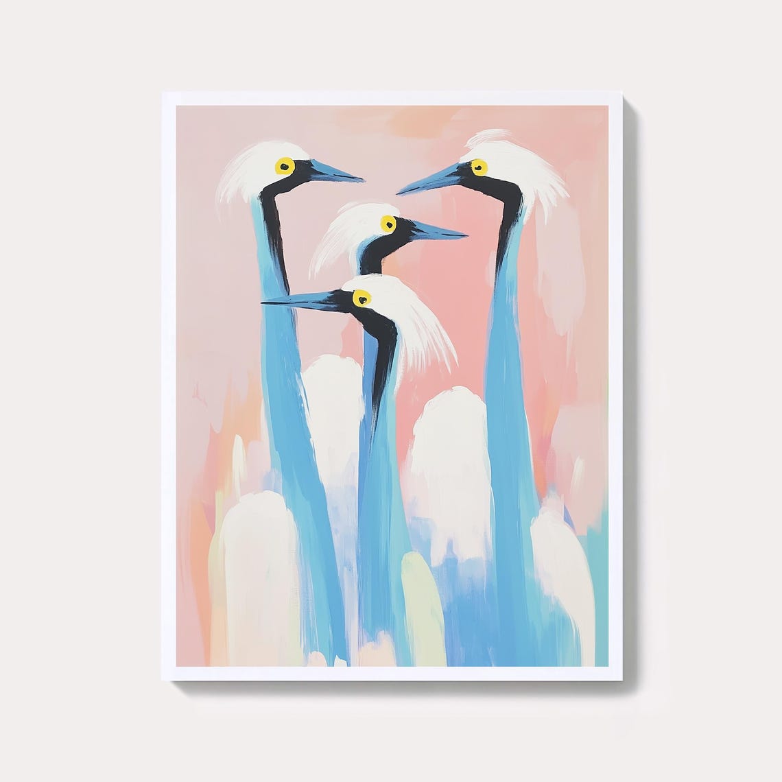 Four Pastel Cranes Abstract Bird Painting On Pink Wall Poster