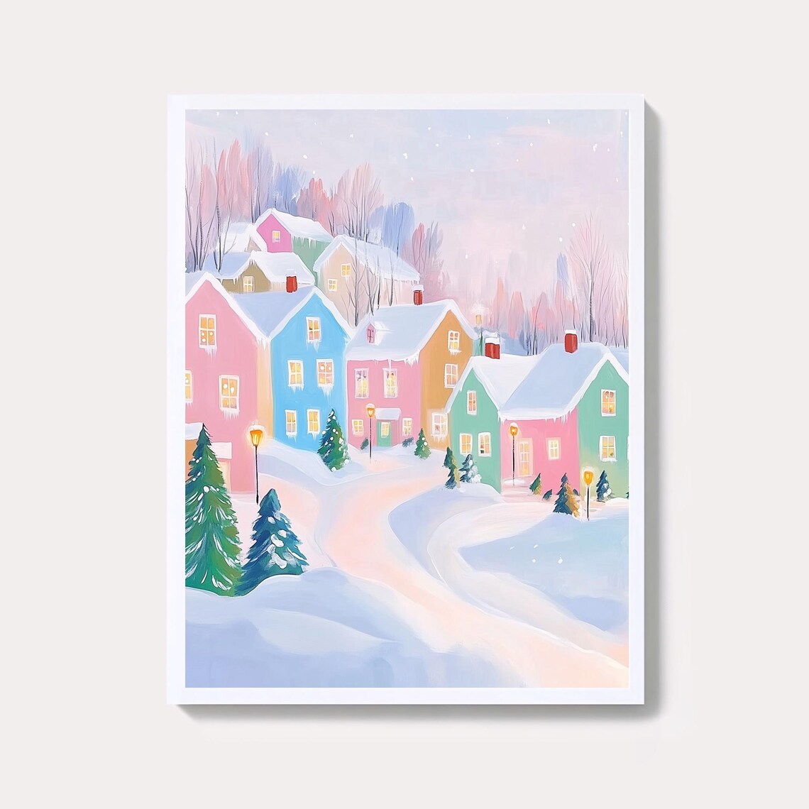 Pink Christmas Village Painting With Snowy Colorful Houses Poster