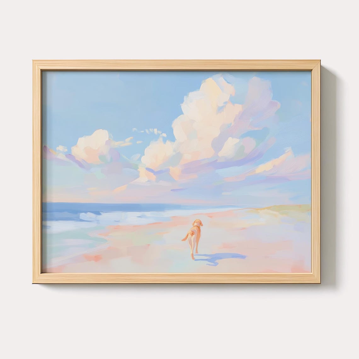 Golden Retriever Walking Pastel Beach Sunset Waves Dog Art Poster